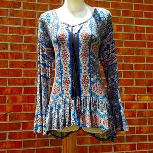 One World bohemian tunic bell sleeve peplum High Low boho
